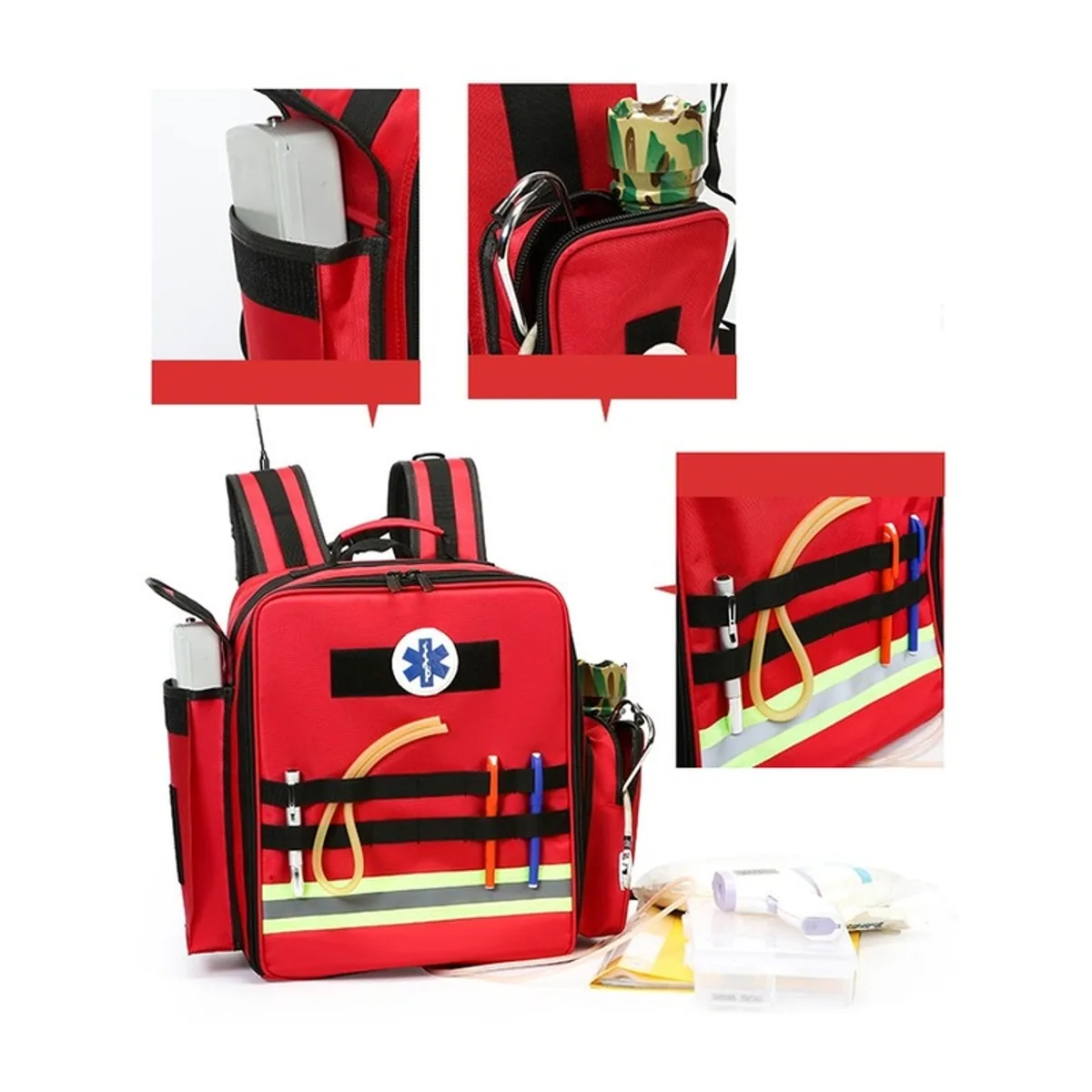 09958 1200D Medical Emergency Backpack in Red, construction and compartment detail 2