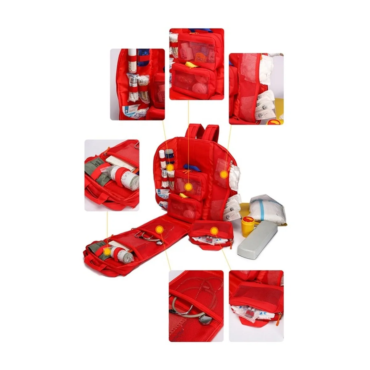 09969 1200D Medical Emergency Backpack in Red, construction and compartment detail 5