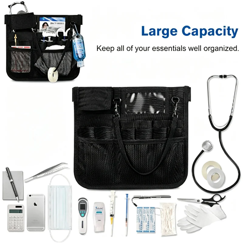 Nurse Belt Organizer with Tape Strap and Front Mesh Pockets construction and compartment detail 1