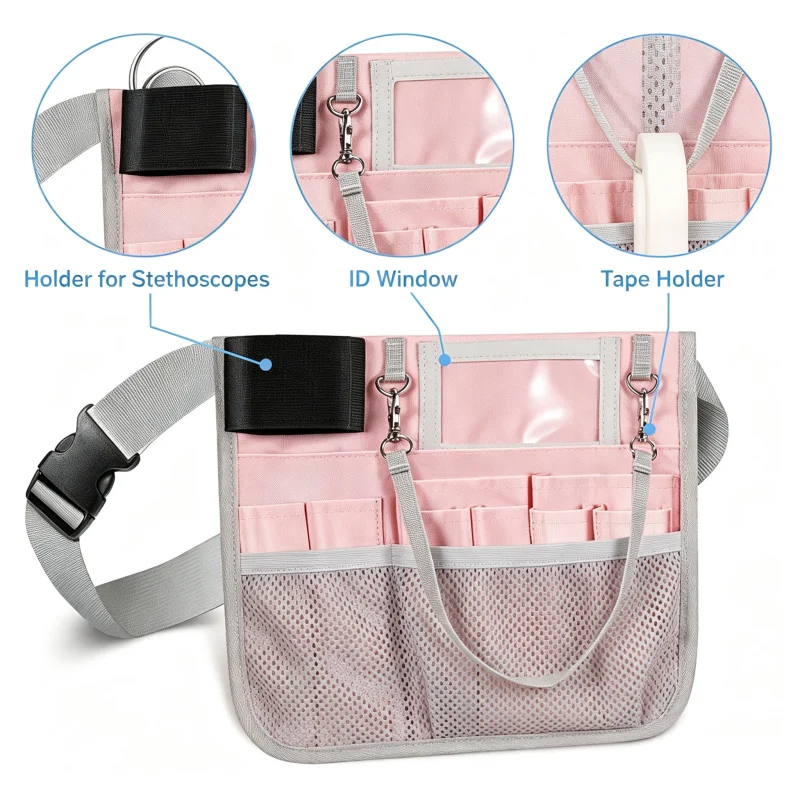 Nurse Belt Organizer with Tape Strap and Front Mesh Pockets construction and compartment detail 5