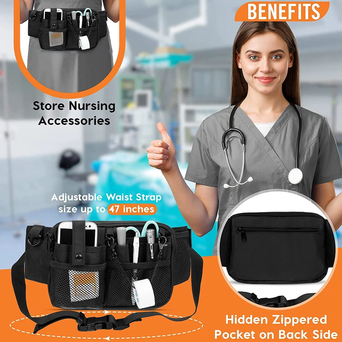 Nurse Waist Organizer with Mesh Pockets and Tape Strap construction and compartment detail 1