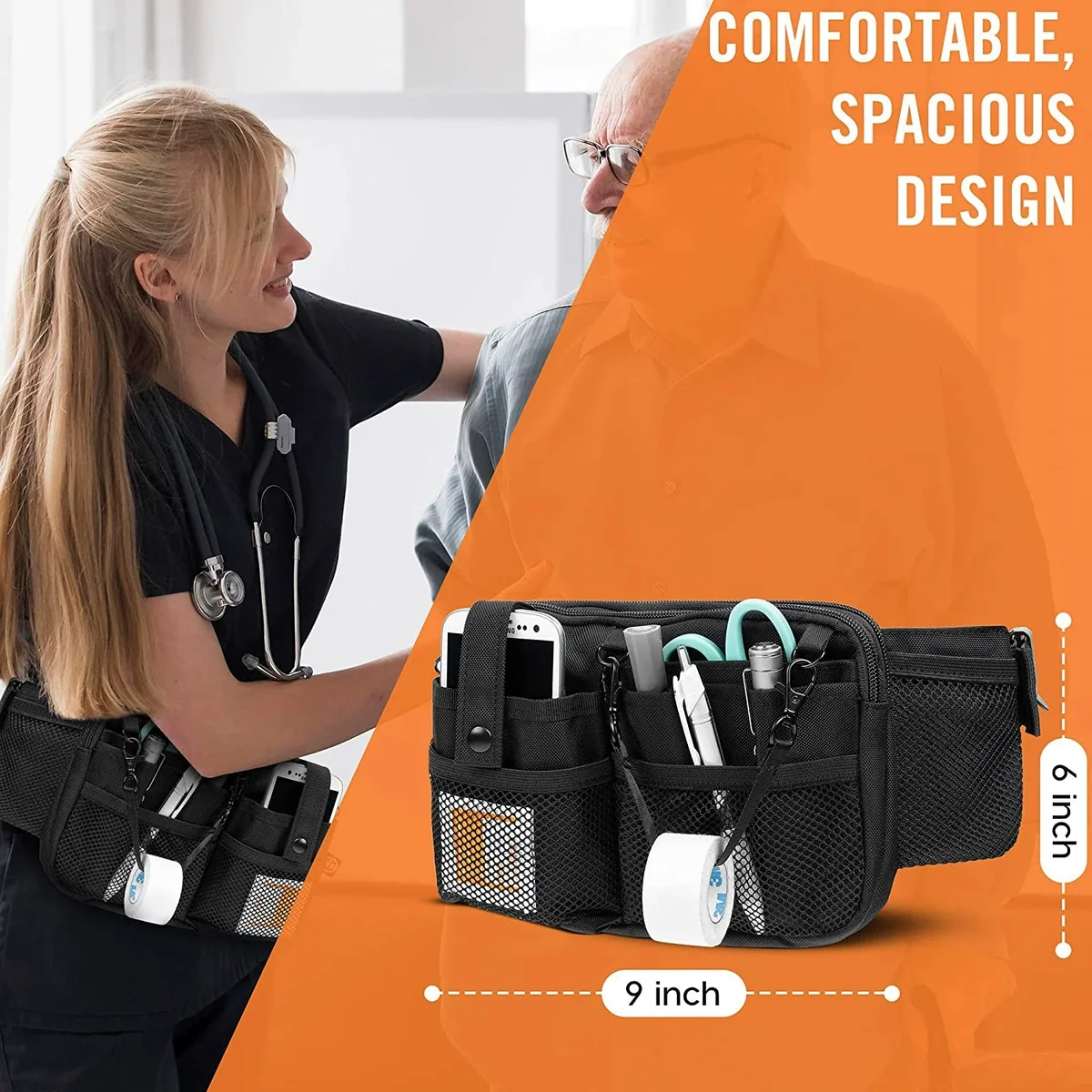 Nurse Waist Organizer with Mesh Pockets and Tape Strap construction and compartment detail 2