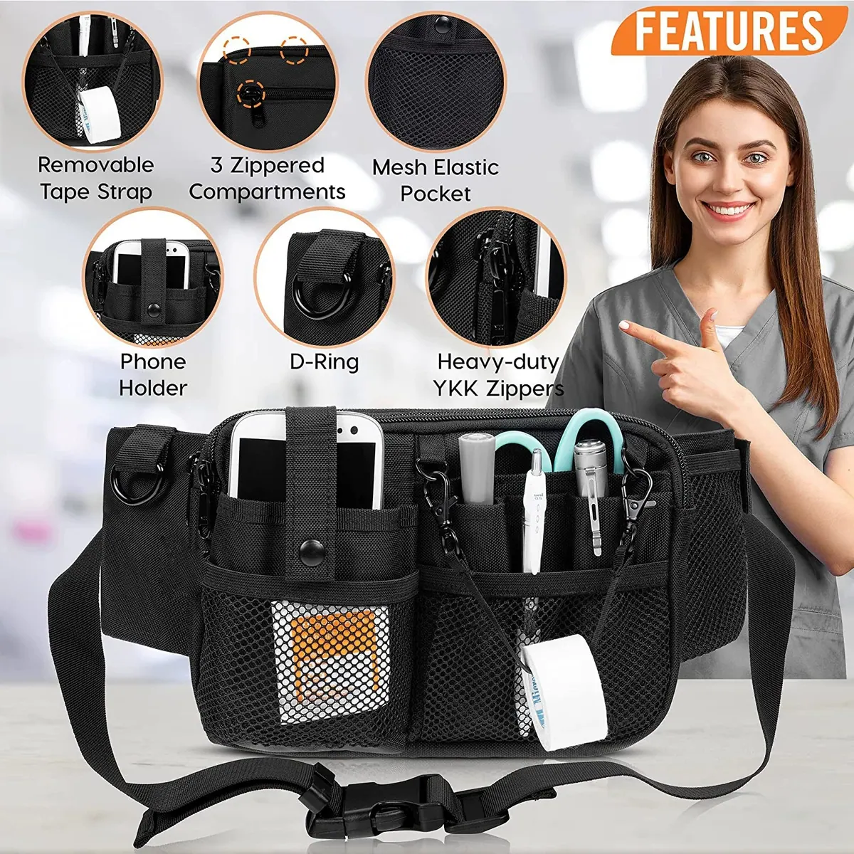 Nurse Waist Organizer with Mesh Pockets and Tape Strap product view